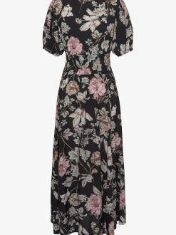 Robe longue col V profond avec manches bouffantes fleurs en viscose
