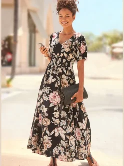 Robe longue col V profond avec manches bouffantes fleurs en viscose