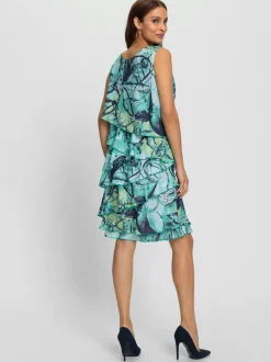 Robe sans manches à col rond et volants motif abstrait georgette