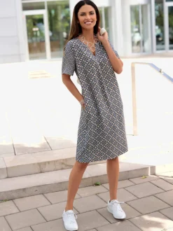 Robe tunique à col en V et manches courtes motif géométrique