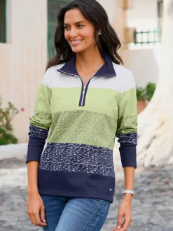 Sweatshirt pur coton à col camionneur contrasté rayé et manches longues
