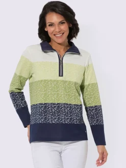 Sweatshirt pur coton à col camionneur contrasté rayé et manches longues