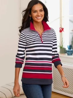 Sweatshirt pur coton à col camionneur et manches longues rayé marin