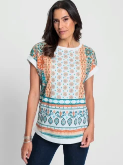 T shirt à manches courtes encolure en U et motifs mélangés