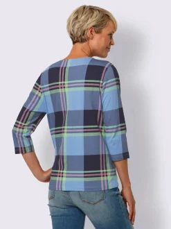 T shirt à manches trois quart et col rond motif carreaux