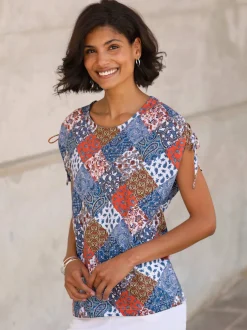 T shirt coton à manches courtes et col rond imprimé patchwork