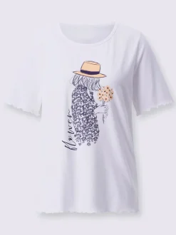 T shirt en coton manches courtes col ronde passepoilée motif imprimé