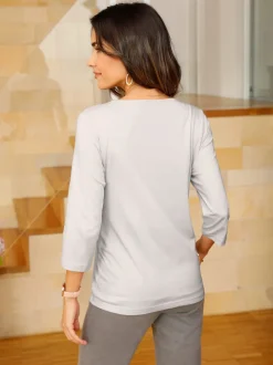 T shirt femme en coton imprimé col rond manches trois quarts