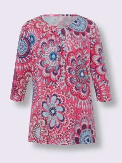 T shirt long col rond et manches trois quarts motif floral