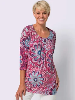 T shirt long col rond et manches trois quarts motif floral