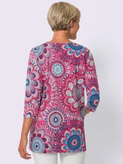 T shirt long col rond et manches trois quarts motif floral