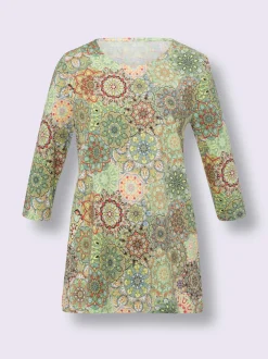 T shirt long en coton avec col rond et motif mandala