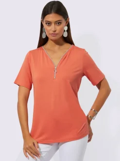 T shirt manches courtes en viscose ECOVERO col V zippé