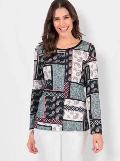 T shirt manches longues col rond imprimé patchwork en coton modal