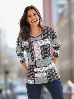 T shirt manches longues col rond imprimé patchwork en coton modal