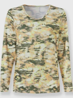 T shirt manches longues en jersey col rond passepoilé motif camouflage