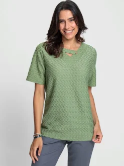 T shirt polyester recyclé avec col en V et bouton décoratif