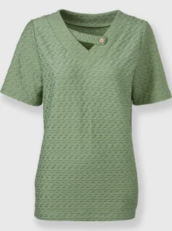 T shirt polyester recyclé avec col en V et bouton décoratif