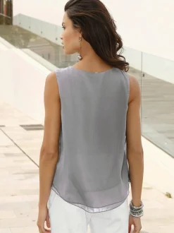 Top femme évasé avec encolure ronde plissée sans manches