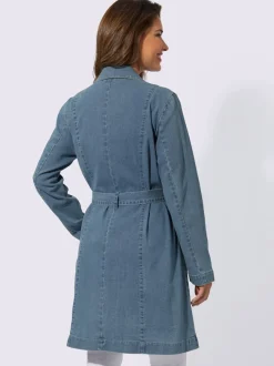 Trench coat denim long avec col à revers et ceinture amovible