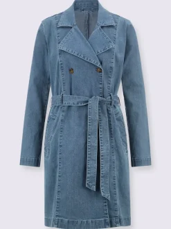 Trench coat denim long avec col à revers et ceinture amovible
