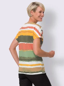 T-shirt à encolure ronde boutons imitation bois