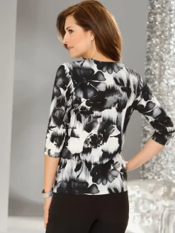 T-shirt contrasté manches 3/4 imprimé floral