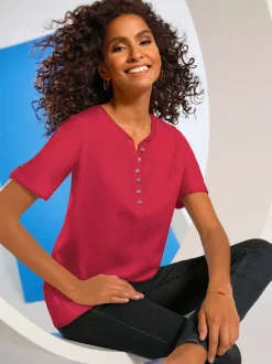 T-shirt en coton col rond avec patte de boutonnage manches courtes