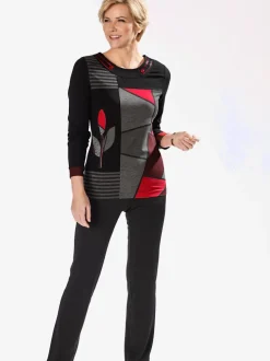 T-shirt imprimé motif patchwork col rond manches longues