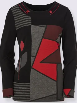 T-shirt imprimé motif patchwork col rond manches longues