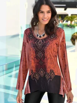 T-shirt asymétrique imprimé ethnique col en u manches longues
