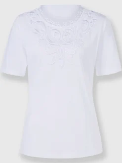 T shirt à col en dentelle et manches courtes