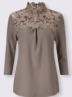 T-shirt col montant orné dentelle florale brodée