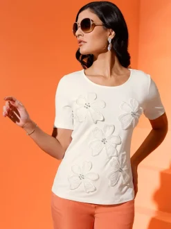 T shirt col rond à manches courtes viscose avec broderie florale