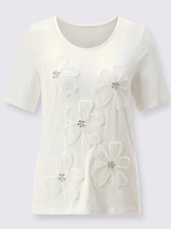 T shirt col rond à manches courtes viscose avec broderie florale