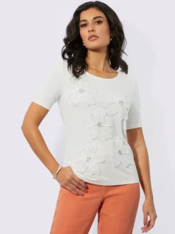T shirt col rond à manches courtes viscose avec broderie florale