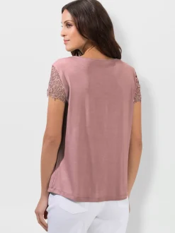 T-shirt empiècement en broderie anglaise manches courtes