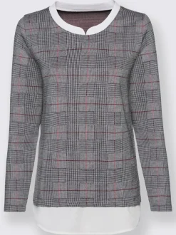 T shirt 2 en 1 carreaux manches longues col rond