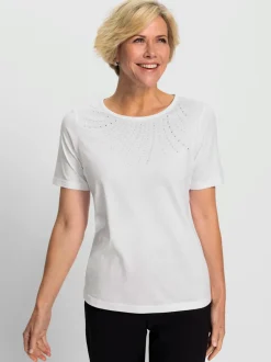 T shirt à encolure ronde et détails perforés modal coton