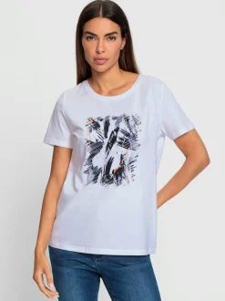 T shirt encolure ronde et manches courtes imprimé feuilles tropicales