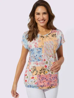T shirt à encolure ronde froncée et manches courtes motif fleurettes