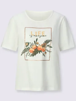 T-shirt à encolure ronde imprimé transfert avec brillance couleur bronze