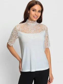 T shirt en dentelle florale à col montant et manches courtes