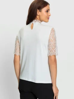 T shirt en dentelle florale à col montant et manches courtes