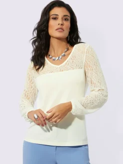T shirt en dentelle viscose douce avec manches longues empiècement filigrane