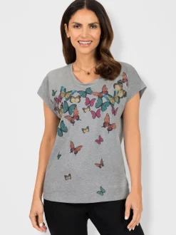 T shirt en fil flammé col rond et manches courtes papillons
