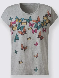 T shirt en fil flammé col rond et manches courtes papillons