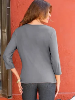 T shirt femme col bénitier et manches trois quarts fluide