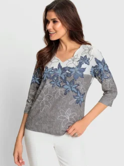 T shirt imprimé floral col V et manches 3/4 entretien facile