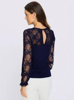 T-shirt à manches longues dentelle transparente aux manches et épaules